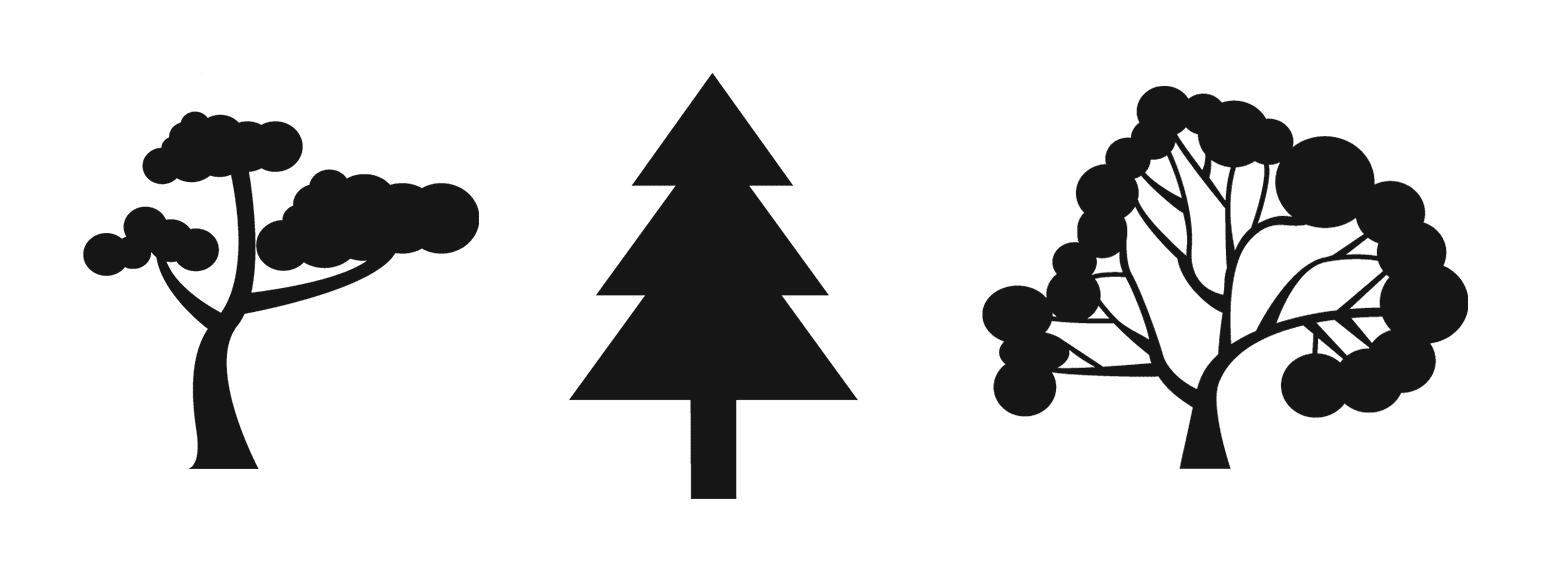 Three black stylized tree silhouettes